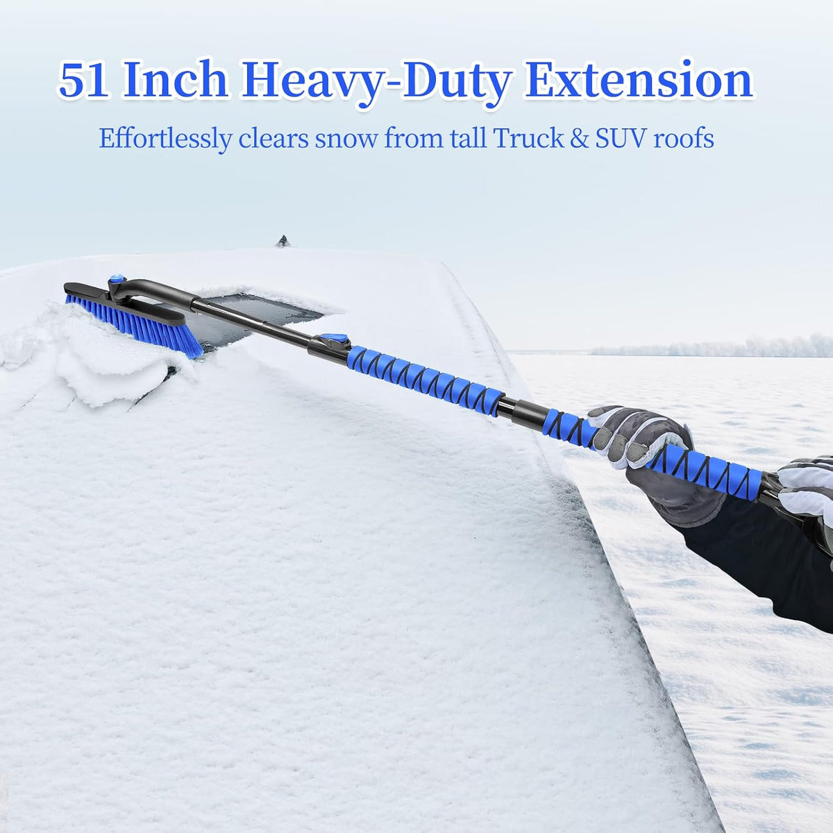 HEEYA 51 Inch Snow Brush for Trucks, Extendable Long Handle Ice Scraper with Brush with Foam Grip, SUV Heavy Duty Snow Brush with Ice Scraper for Car Auto RV Vehicle Windshield Window - Blue