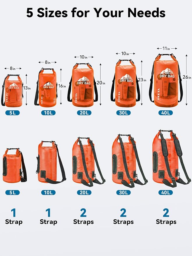 HEETA Dry Bag Waterproof for Women Men, 5L/10L/20L/30L/40L Roll Top Lightweight