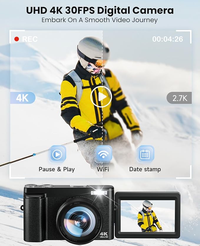 4K Digital Camera for Photography, WiFi Autofocus 64MP Vlogging Camera for