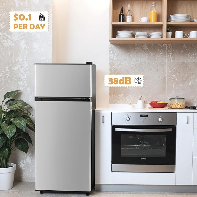 4.5 Cu.Ft Mini Fridge Freezer for Dorm/Office, 2-Door, Quiet | 4.5 cu ft mini fridge with separate freezer, quiet 38dB for sleep, 7-level thermostat, adj shelves, for dorm/office/kitchen.