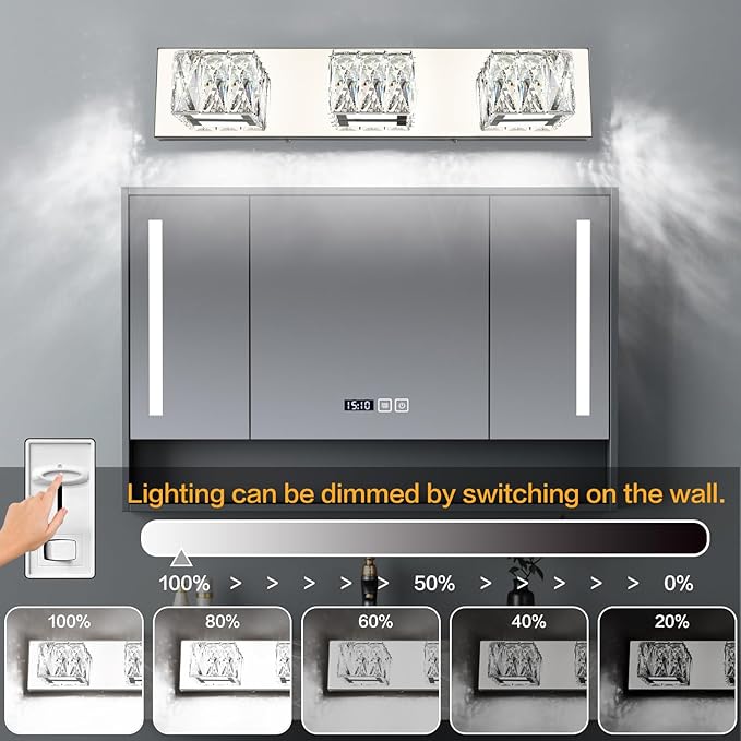 ZUZITO LED Bathroom Light Fixture - Modern 3 Light Crystal Vanity Light - Chrome Bathroom Wall Light 5CCT Dimmable