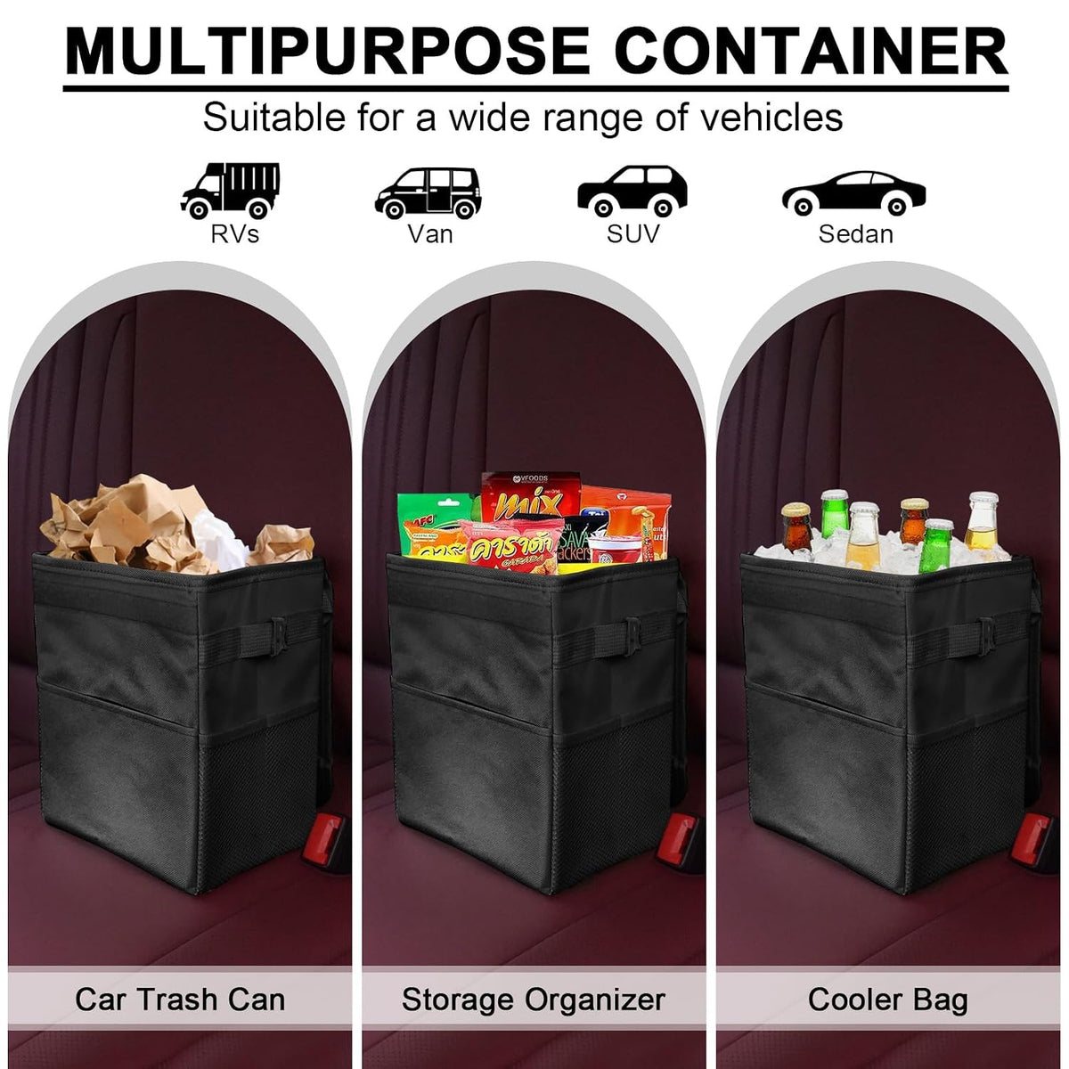 Car Trash Can Bin with Lid - Collapsible Car Garbage Can with Storage Pockets-Black Mini Leakproof Vehicle Trash Bag-Small Automotive Organizers and Storage for Back/Front Seat SUV Truck Accessories