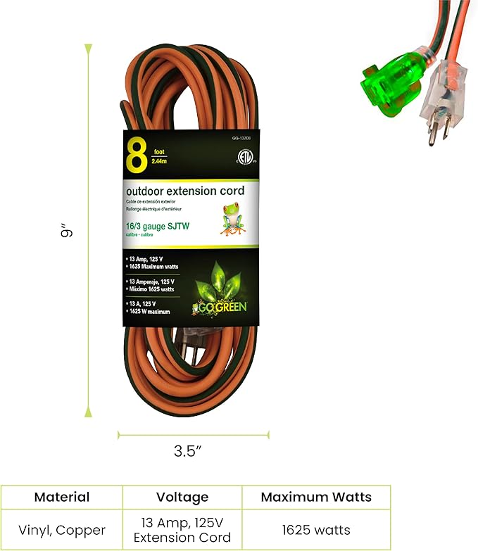 Go Green Power Inc. GG-13708 16/3 Heavy Duty Extension Cord-Orange, 8 ft