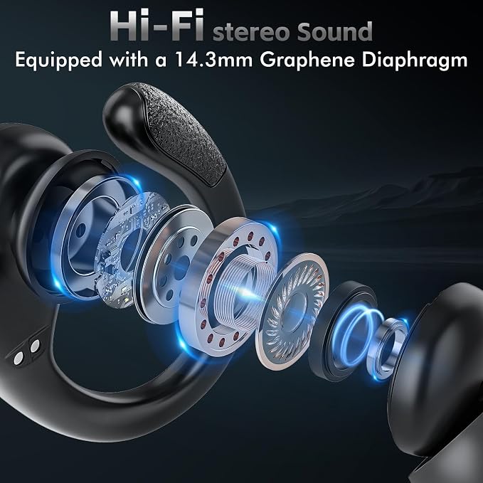 HAOYUYAN Wireless Earbuds Bluetooth 5.3 Headphones with 80H Playback, IPX7 Waterproof Over Ear Buds with LED Power Display for Sports Running Workouts Gray Black