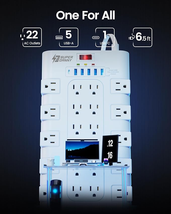 Flat Plug Power Strip 10Ft, SUPERDANNY Surge Protector with 22 AC Outlets and 6 USB (1 USB-C), 1875W/15A, 2100 Joules, Heavy Duty Extension Cord 10 ft for Home, Office, Dorm, Gaming Room, White