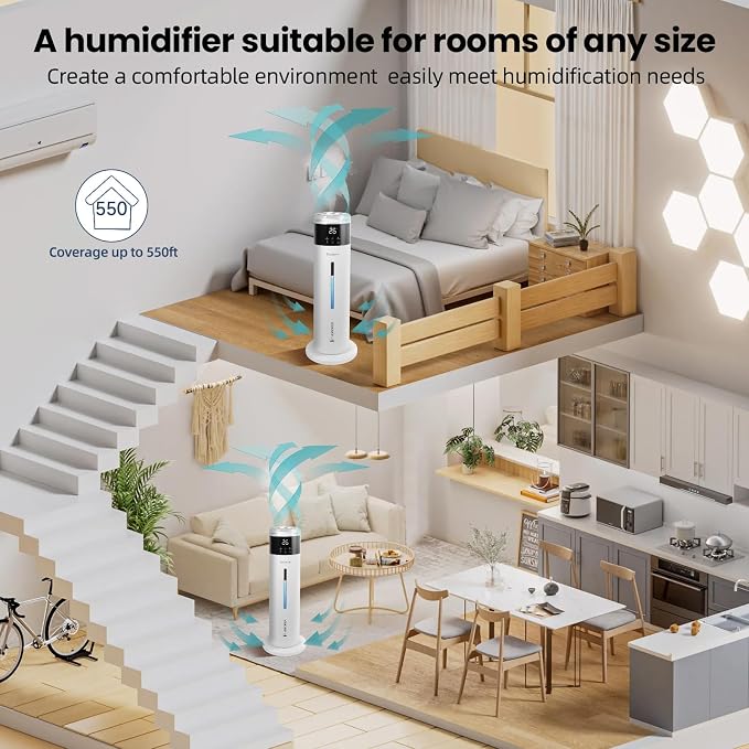 Large Humidifier for Bedroom, 8L/2.1Gal Ultrasonic Cool Mist, Remote control,Easy Clean with 350ML/H Large Mist Speed, Suitable for Kids Room Plant Yoga Study Room Office (White)