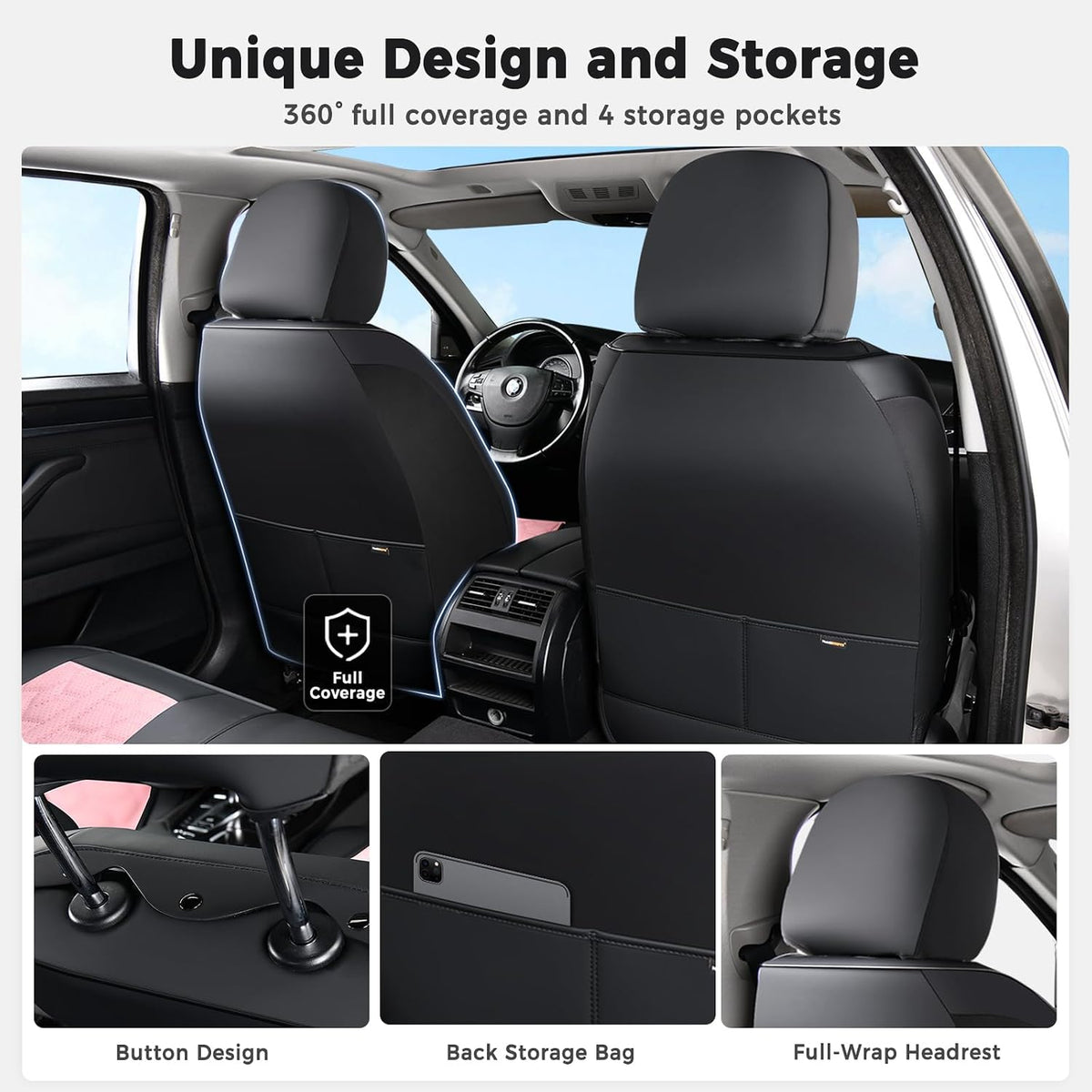 Huidasource Front Seat Covers Universal Fit for Most Cars SUV Trucks, Automotive Leather Seat Cushion Covers Protector with Lumbar Support, Waterproof Seat Cover Front Seat, Black & Pink