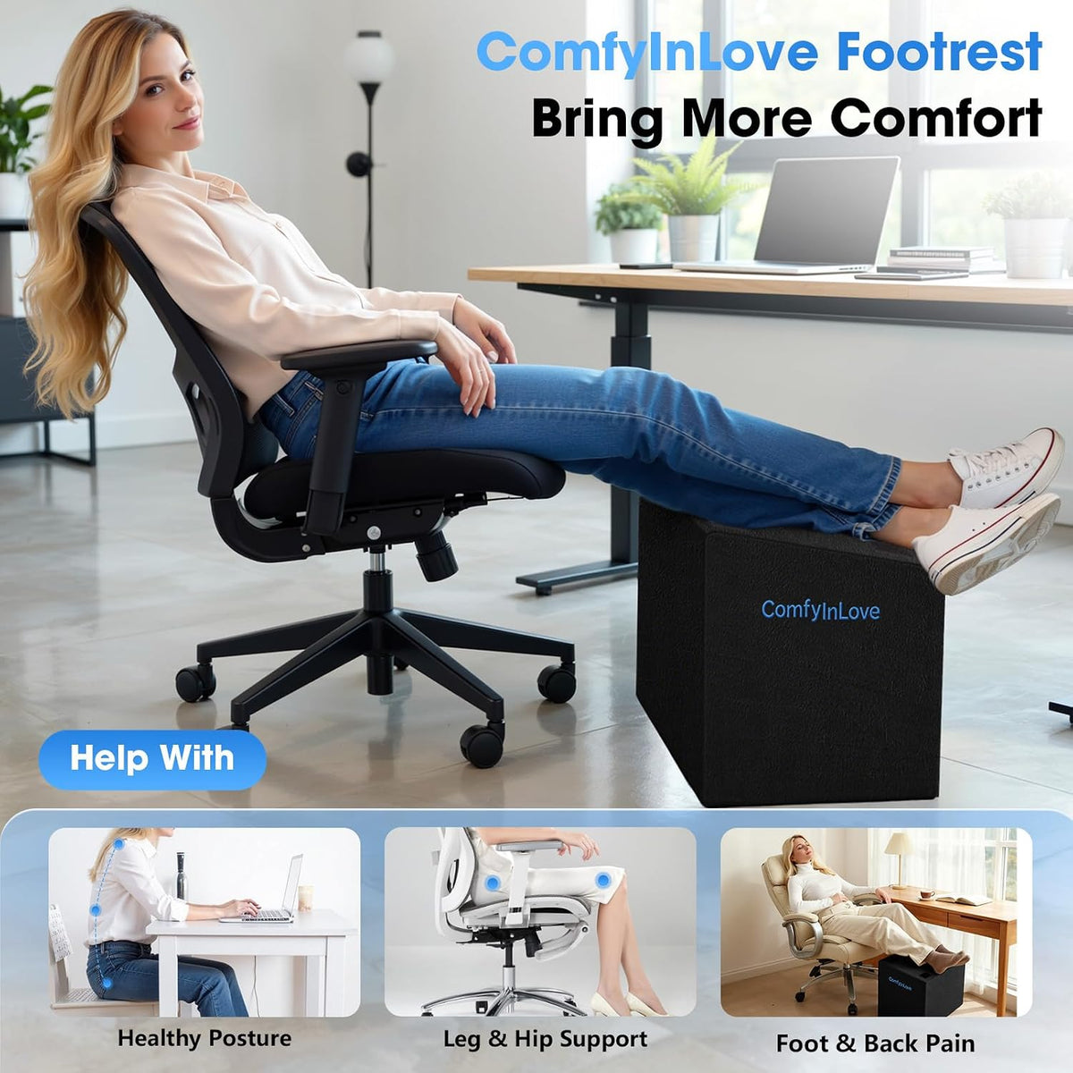 Foot Rest for Under Desk with 3 Heights, Foot Stool, Black