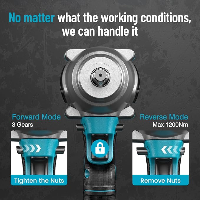 1/2 Impact Wrench 1200N.m, 1/2 Impact Gun & 2x 21V 4000mAh Batteries, Fast Charger, 4 Sockets & Storage Box, High Torque Impact Drive for Lug Nuts, Cars, Tires