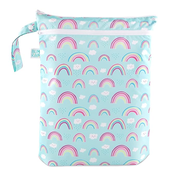 Bumkins Waterproof Wet Dry Bag for Baby, Travel, Swim Suit, Cloth Diaper, Pump Parts, Pool, Beach, Gym Clothes, Toiletry, Hook to Stroller, Daycare, Zipper Reusable Wetdry Packing Pouch, Rainbows Blue
