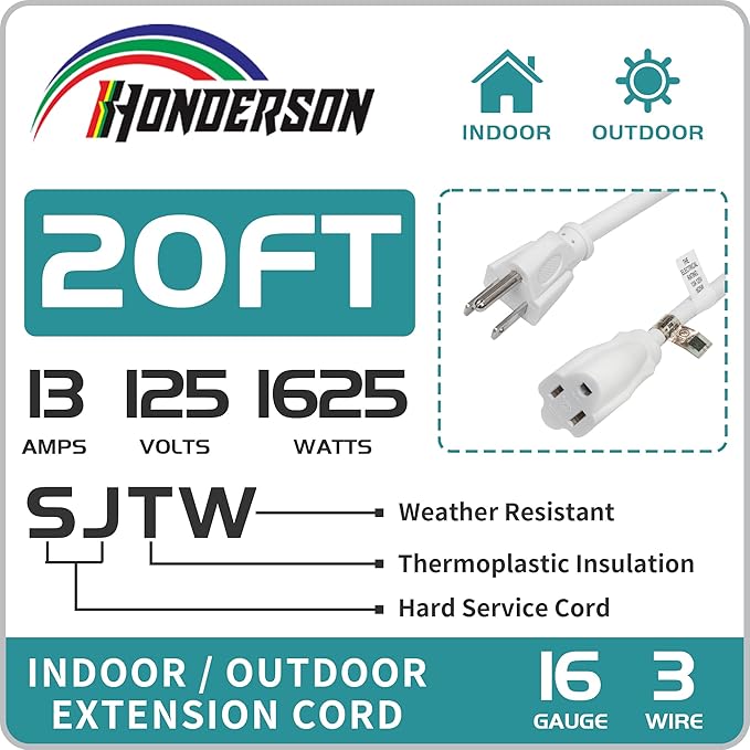 Indoor Outdoor Extension Cord Weatherproof, UL Listed, 16 Gauge 20FT White 3 Prong Heavy Duty, 16/3 SJTW 13A Power Cord for Outdoor Lights, Appliances, Lawn