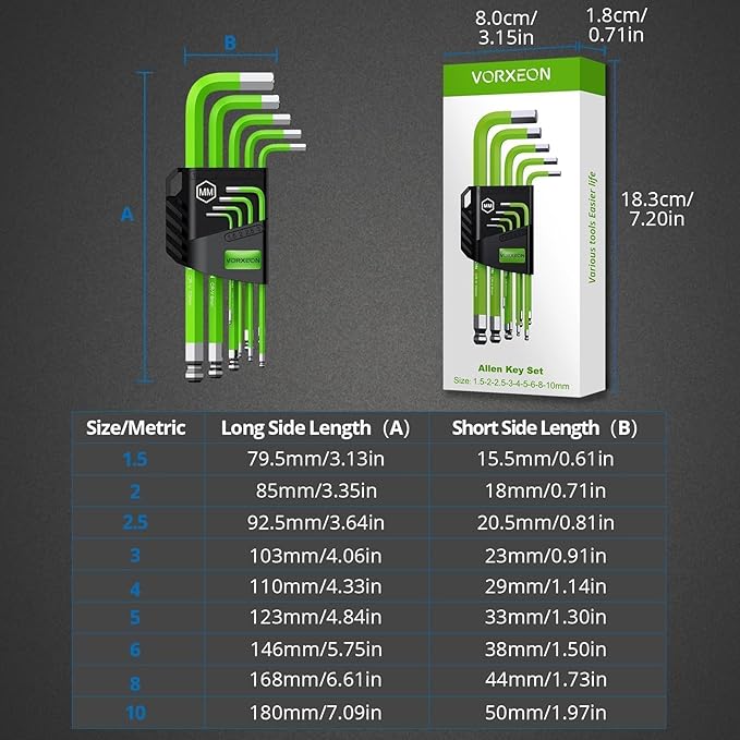 9 PCS Green Allen Wrench Hex Key Set 1.5-10 mm Metric Flat and Ball End Chrome Vanadium Steel and S2 Steel L-key For DIY Repair of parts