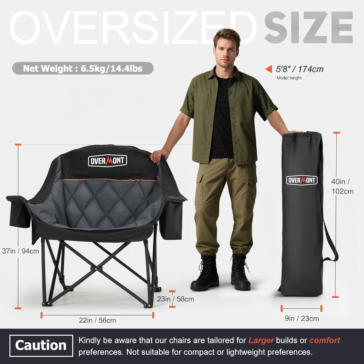Overmont Oversized XL Camping Chair - Heavy-Duty 400lbs Support with Padded Comfort & Side Pocket | Black