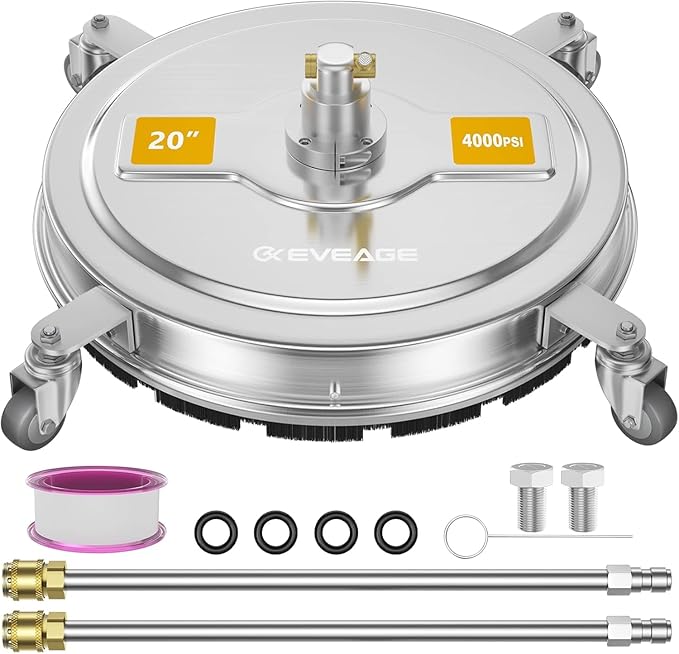 EVEAGE 20" Pressure Washer Surface Cleaner, Power Washer Surface Cleaner with 4 Wheels, Stainless Steel Housing Power Washer Accessories with 2 Extension Wand, 2 Replacement Nozzles (20inch-2)