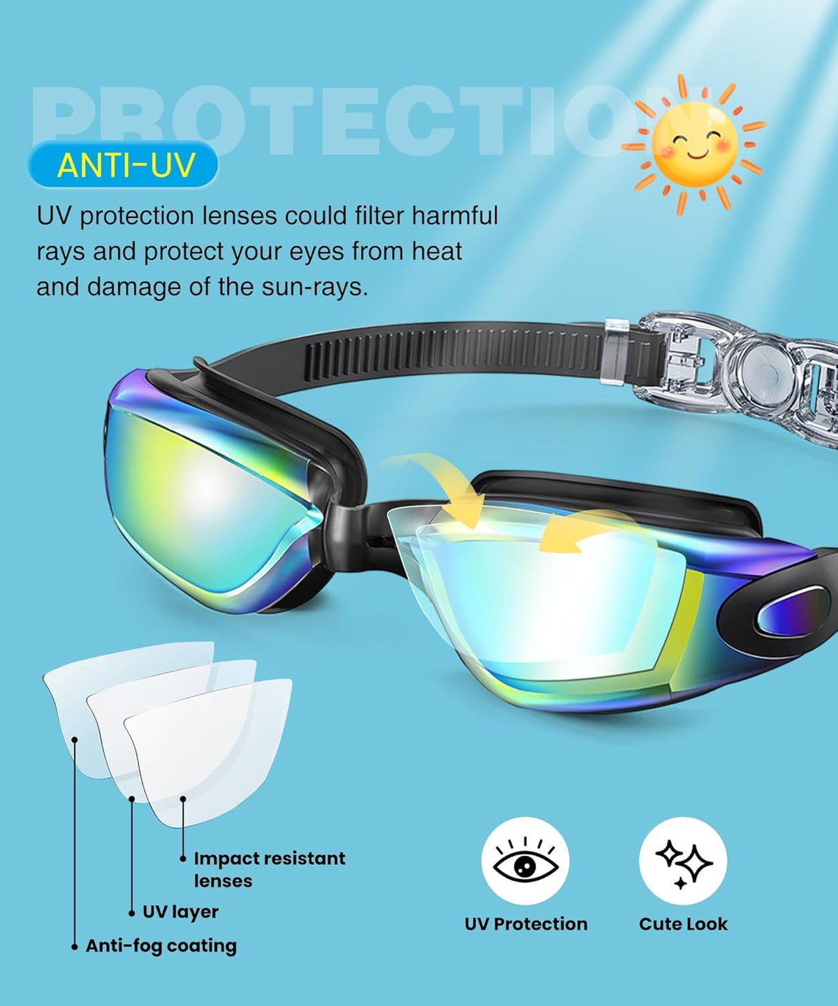 Skiennix Kids Swimming Goggles - Anti-UV, Anti-Fog, Leak-Proof | 3-Pack for Ages 6-16
