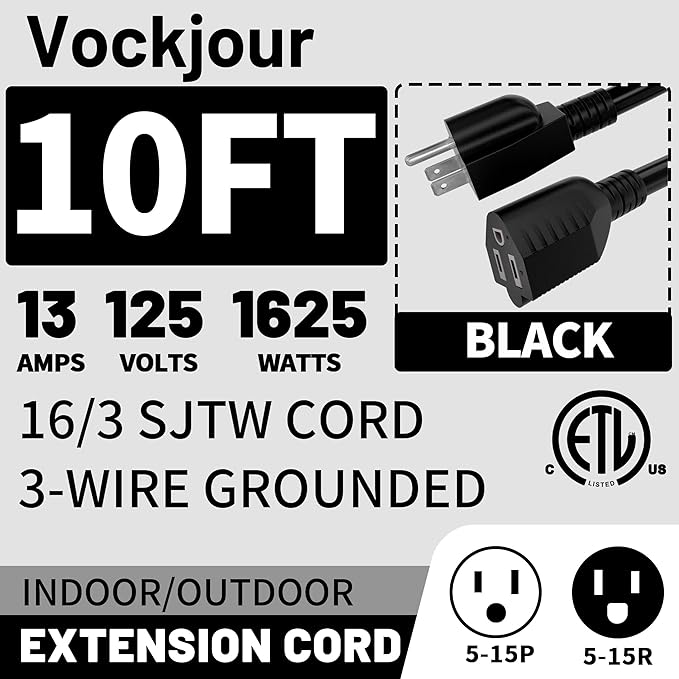 16/3 Black Indoor Outdoor Extension Cord 10 Ft 2 Pack Waterproof, Extension Cord with 3 Prong Grounded Plug,13A 1625W 16AWG SJTW, Flexible Weatherproof Power Cable