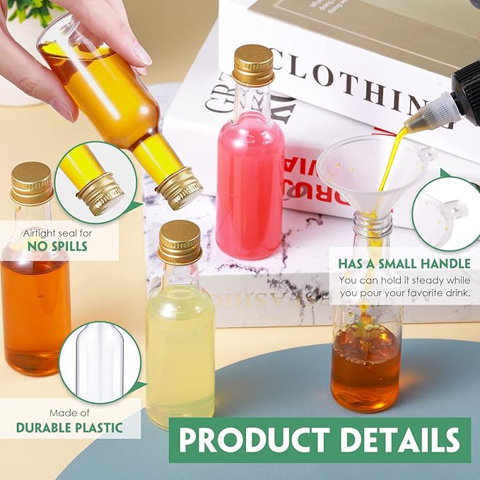 Yinder 100 Pcs Mini Liquor Bottles Set,50ml (1.7oz) Plastic Empty Spirit Bottles for Party,Alcohol Shot Containers with Caps, 6 Liquid Funnels and Kraft Tags with 65 ft Ropes(Gold Cap)