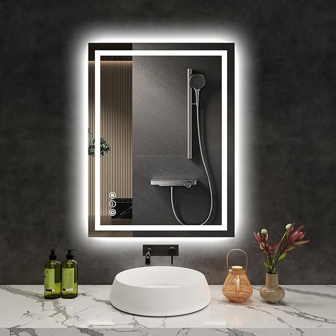 LED Bathroom Mirror 24x32 Inch Anti-Fog Bathroom Mirror with Lights, Wall Mounted Lighted Vanity Mirrors, Dimmable, Backlit + Front Lit, Smart Bathroom Vanity Mirror with 3 Colors Temperature