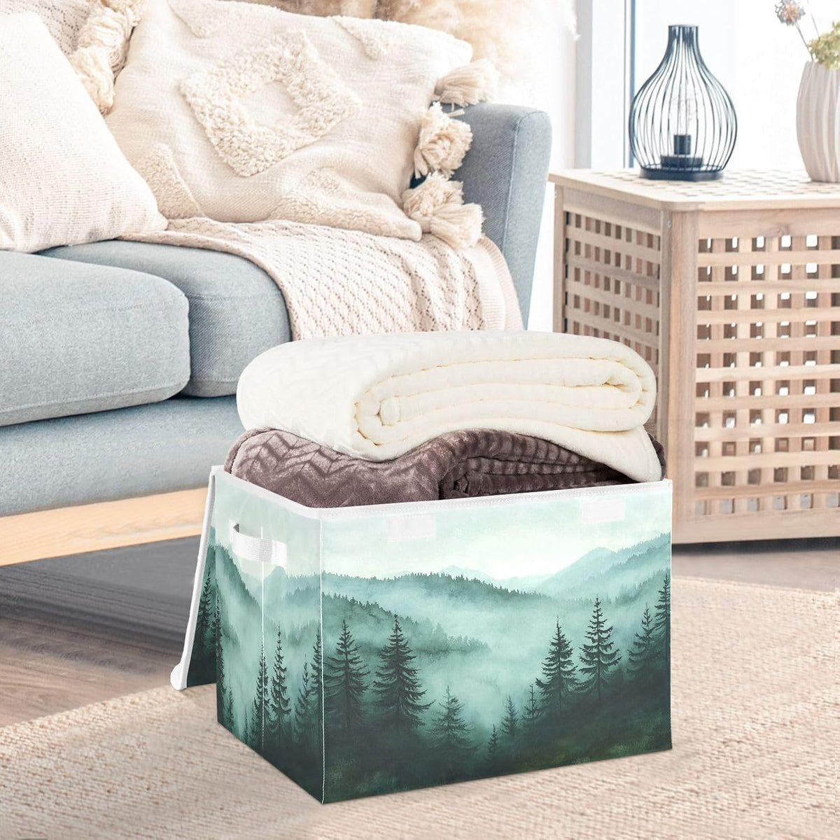 Green Mountains and Pine Trees Collapsible Storage Bins with Lids Decorative Fabric Cubes Closet Organizer Basket Boxes Containers for Clothes Box Chest Nurs