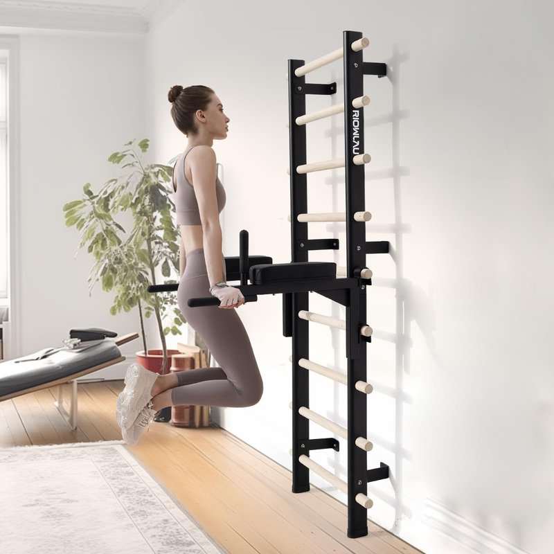 RIOWLAU Swedish Ladder Dip Bar Attachment, Fits TS003A Ladder, Wood Stall Bar for School, Physical Therapy and Gymnastics, Multi-grip (Black, 28"L x 6"W x 20"H)