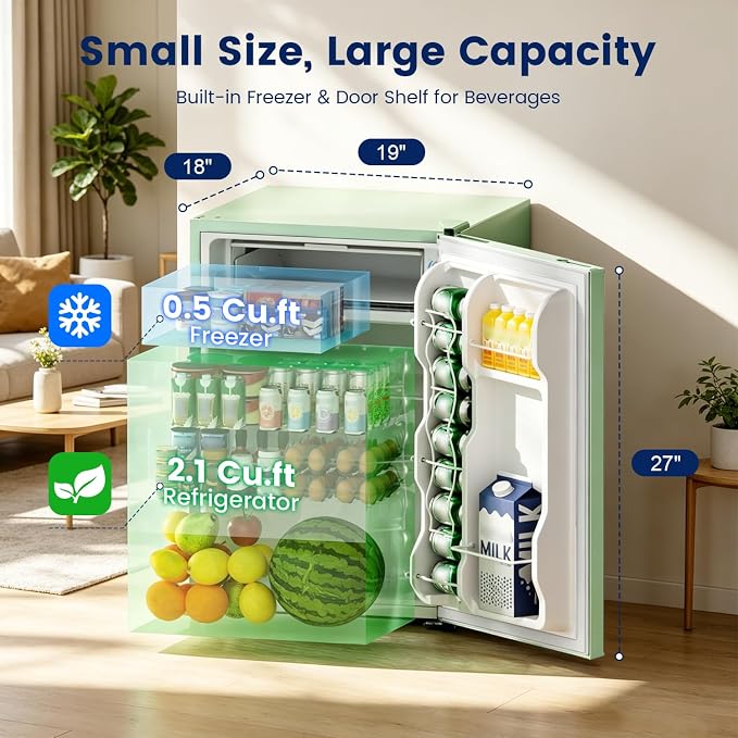 2.6 Cu Ft Small Fridge with Freezer for Office Green | Mini Refrigerator for Dorm Bedroom, Compact Fridge, Energy-efficient, Low Noise