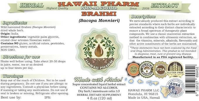 Brahmi Alcohol-Free Liquid Extract, Organic Brahmi Liquid (Bacopa Monnieri) Whole Herb Dried Glycerite Hawaii Pharm Natural Herbal Supplement 32 oz Unfiltered