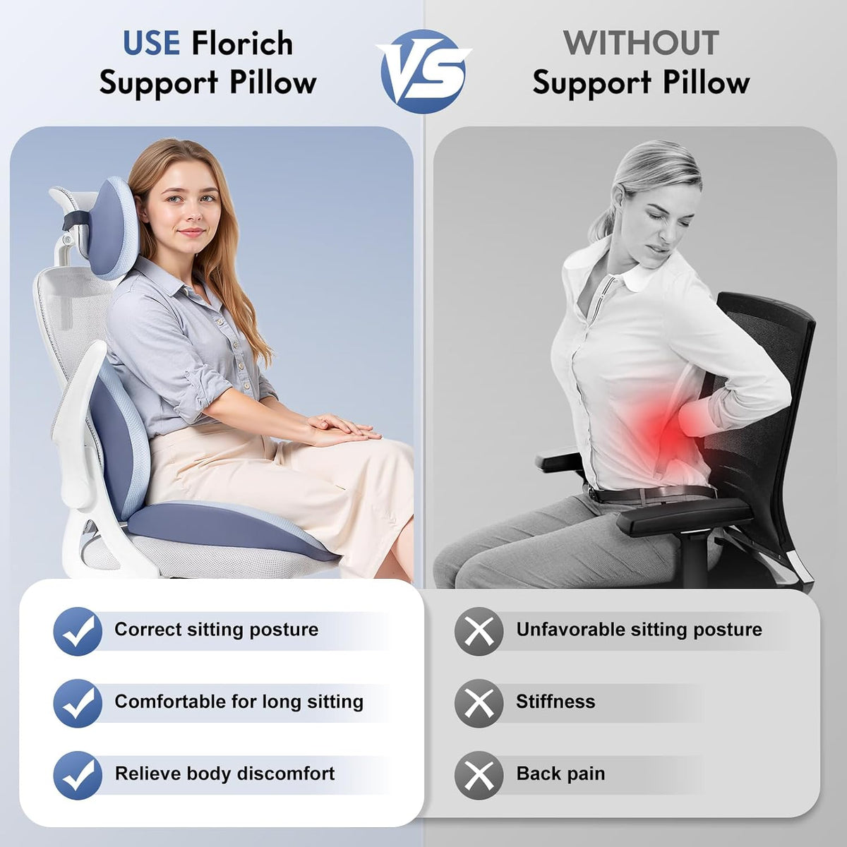 FLORICH Seat Cushion and Lumbar Support Pillow for Office Chair Car, Car Neck Pillow, Ergonomic Memory Foam Back Support for Office Gaming Chair Wheelchair, Relieves Neck, Back & Sciatica Pain – Blue
