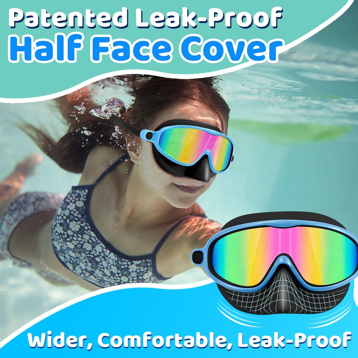 Vvinca Swim Goggles - Anti-Fog Diving Mask with Nose Cover | 2-Pack for Kids Ages 3-15