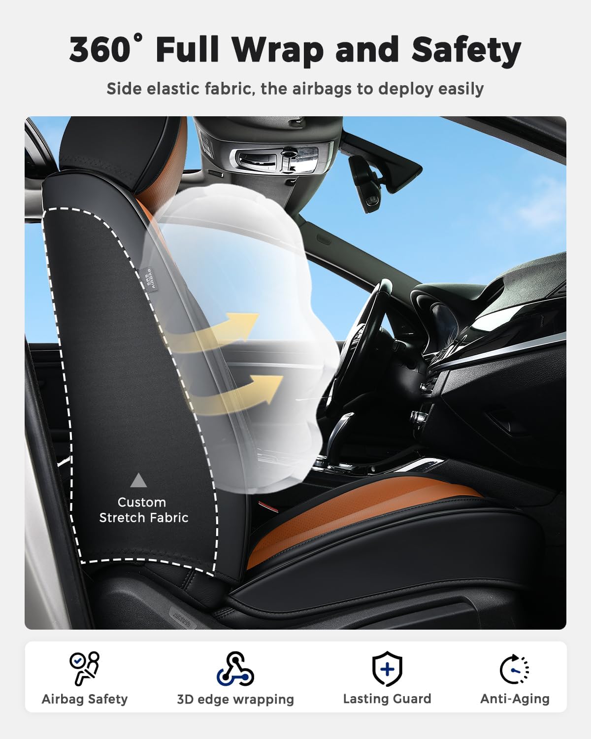 Huidasource Universal Car Seat Covers, Luxury Waterproof Faux Leather, Airbag Compatible, Easy to Install, Full Access to Seat Functions, Stain & Wear Resistant for Daily Driving, Brown & Black