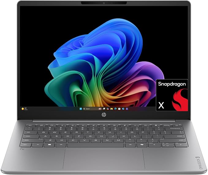 HP OmniBook 3 14 inch Next Gen AI PC, 2K Display, Snapdragon X X1-26-100, 16 GB RAM, 256 GB SSD, Qualcomm Adreno GPU, Windows 11 Home, Nouvelle Silver, 14-hz0288nr