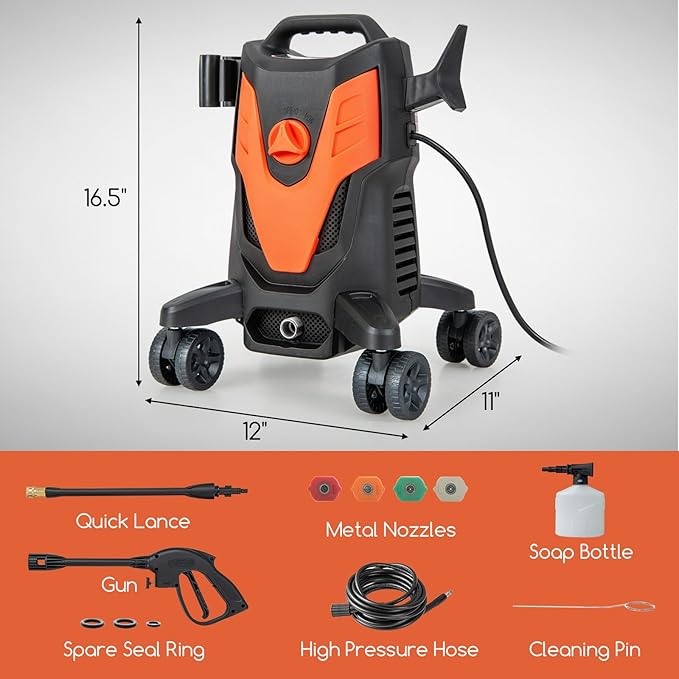 Goplus Electric Pressure Washer, 2400 PSI 1.7 GPM High Pressure Power Washer w/4 Quick Nozzles & Universal Wheels, Portable Pressure Washer IPX5 Car Wash Machine, Cleaning Garden Car Floor (Orange)