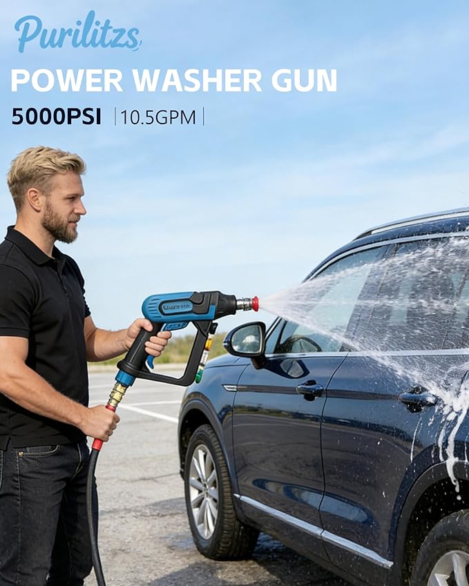 5000 PSI Pressure Washer Gun with Swivel 3/8" Plug & M22 Coupler, Short Power Washing Gun with 5 Nozzle Tips, 1/4" Quick Connect Outlet for Foam Cannon Car Wash