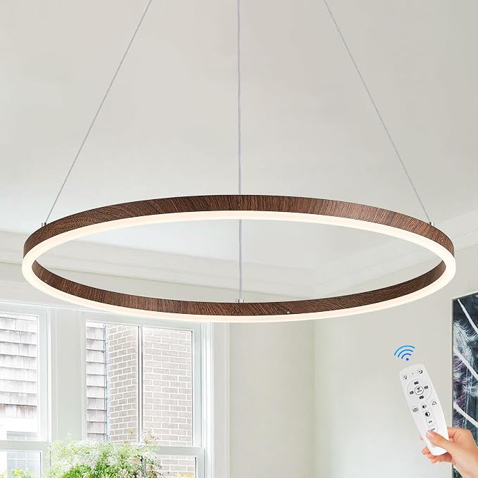24" Ring Chandelier Modern LED Round Chandelier Wood Grain Finish Dimmable