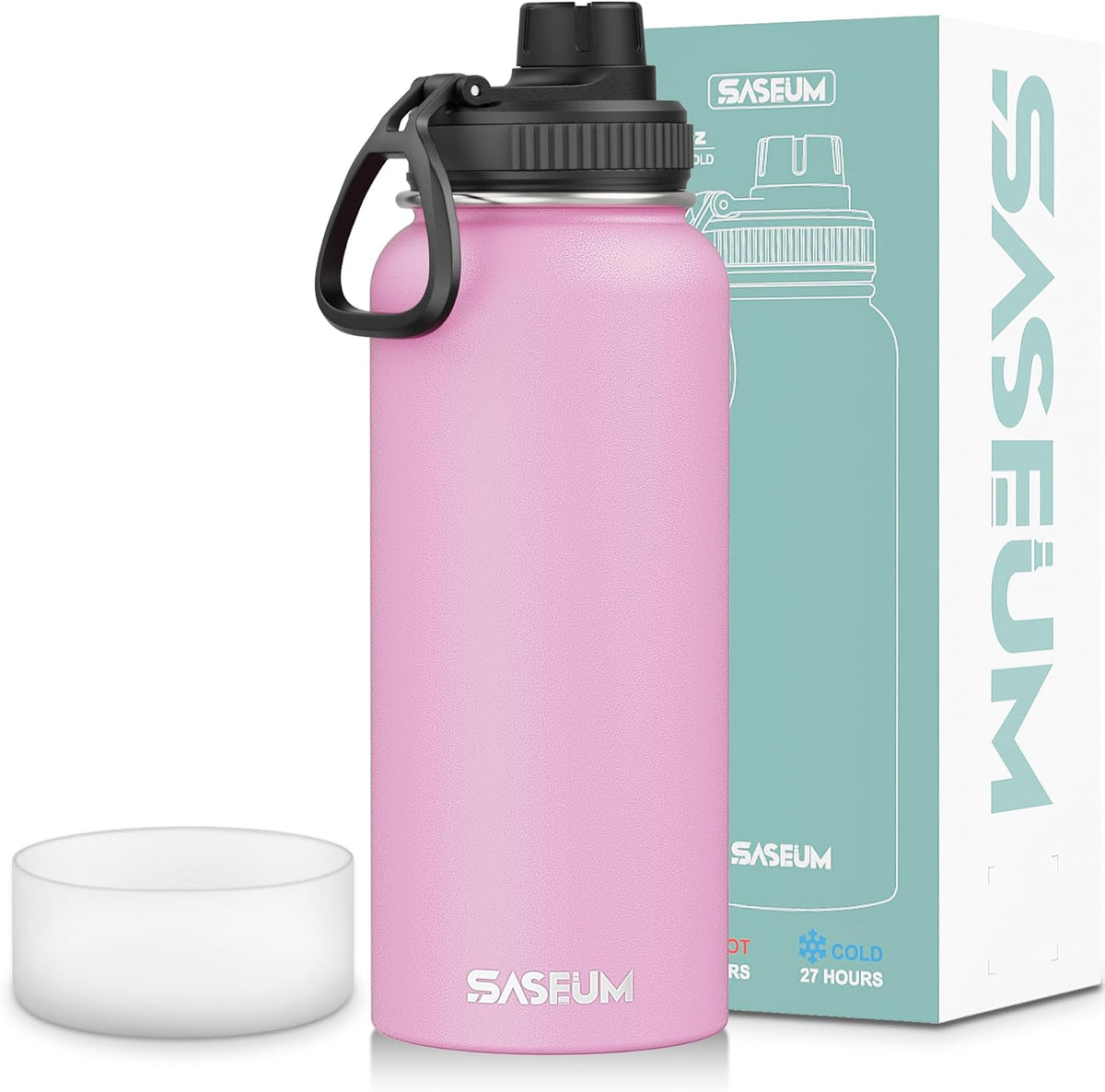 SASEUM 32oz Stainless Steel Sport Water Bottle - Double Wall Insulated Mug with Leak-Proof Spout | Pink