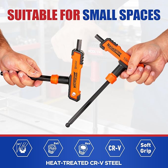 Meiwaltee 8 PCS Metric Extra Long Arm T Handle Allen Wrench Set, 2-10 mm, Ball Head, Standard Long Tee Handle Allen Hex Key Set, Heavy Duty Excellent Heat-treated CR-V Steel.