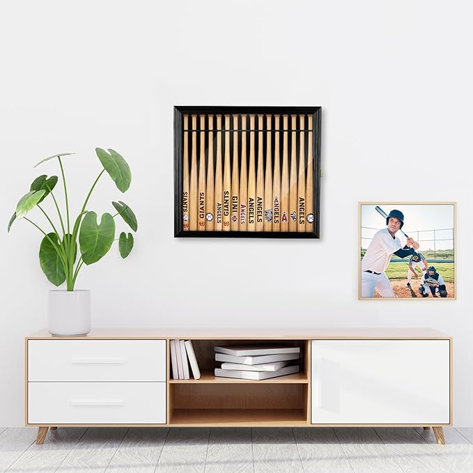 18" Mini Baseball Bat Display Case Wall Mounted Cabinet Holder Rack UV Protection Display Shadow Boxes with Acrylic Transparent Door Holder Holds up to 16 Bats for Collector Memorabilia Gift