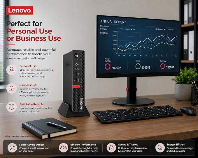 Lenovo ThinkCentre Mini Desktop Computer with AMD Processor & Graphics, 8GB DDR4 RAM, 256GB SSD, Windows 11, Wi-Fi, Bluetooth, 2X DisplayPort, RJ-45 Port, USB, for Daily Work, Wired Keyboard & Mouse