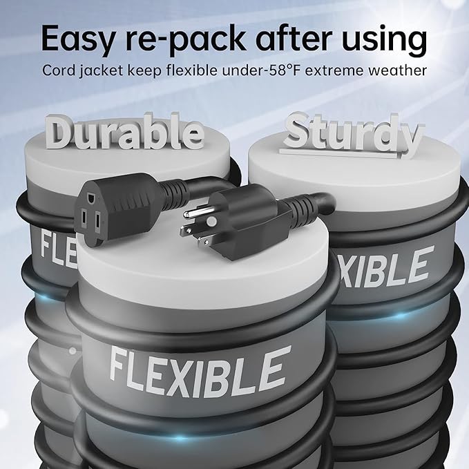 PlugSaf 2 Pack of 6Ft Black Outdoor Extension Cord 16/3 Gauge Waterproof, Cold Weatherproof -58°F, Flame Retardant, Flexible 3 Prong Electric Cord for Lawn Office,13A 1625W 16AWG SJTW, ETL Listed