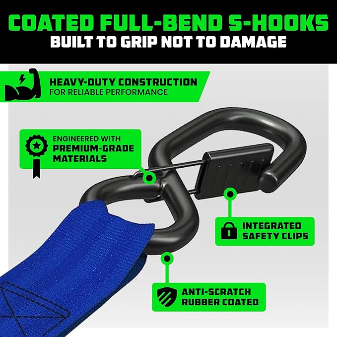 Rhino USA Ratchet Straps Heavy Duty Kit (2-Pack) - 1.6 Inch x 8 Feet Min Break Strength (5,000) - Ultimate Tie Down Straps with Safety S Hooks for Trucks, ATV, UTV, Motorcycle, Cargo & More - Blue