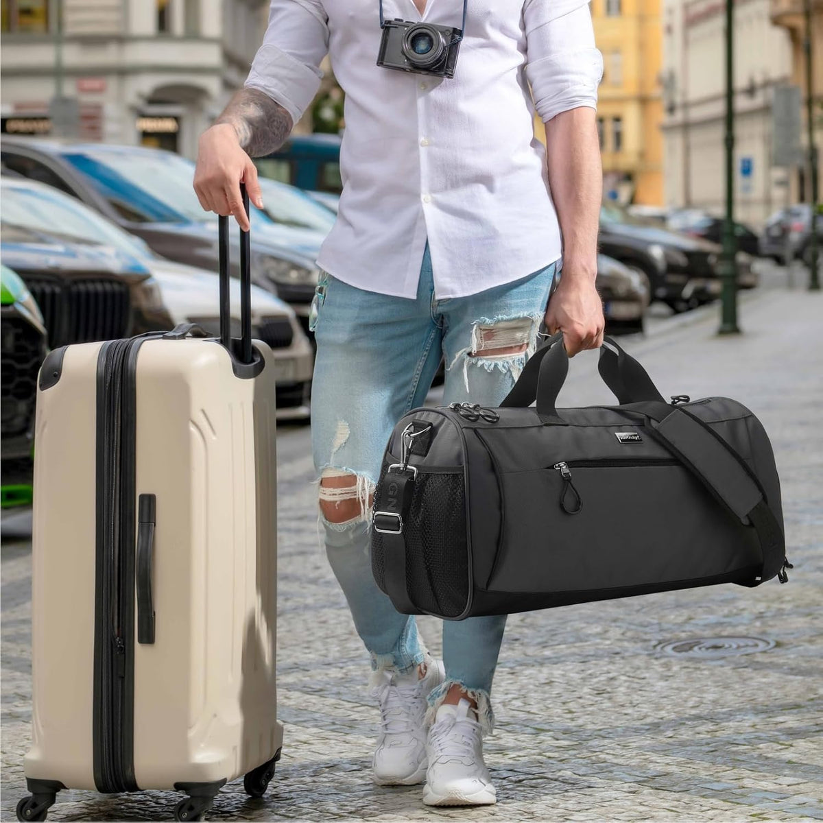 TOPDesign Gym Bag - Unisex Duffel with Shoe Compartment & Wet Pocket for Travel | Large Grey
