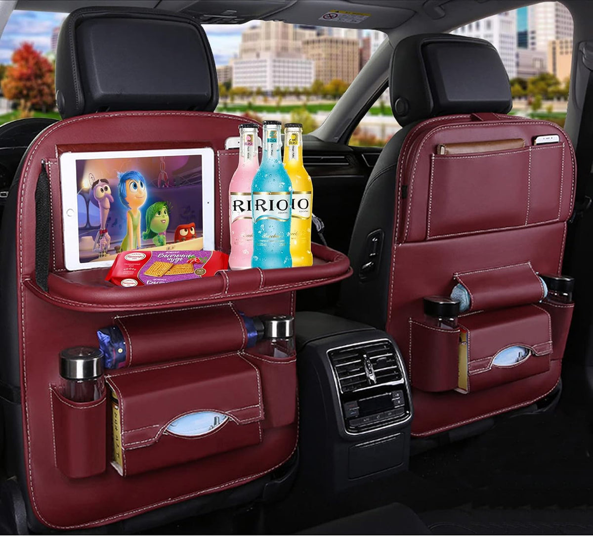 Premium PU Leather Backseat Seat Organizer with Foldable Table, Multi-Storage Pockets and Adjustable Buckle Strap for Automobiles