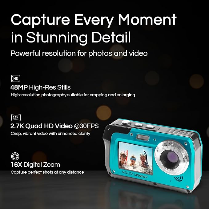 Minolta MN40WP 48MP Waterproof Digital Camera – Dual LCD Screens, 2.7K QHD Video