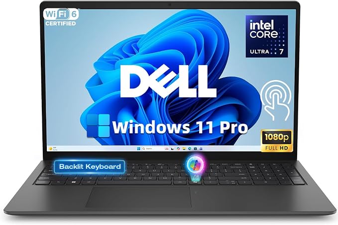 Dell 15.6 Touchscreen Laptop, Intel 12 Core Ultra 7 255U, 16GB RAM,1TB SSD | Backlit Keyboard, 15.6 FHD Touch Anti-Glare Display, Windows 11 Pro, Copilot AI, Laptops for Business and Student
