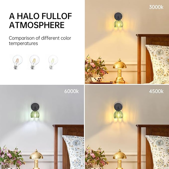 Vintage Wall Sconce with Green Tulip Glass Lampshade 180 Degree Adjustable Black Sconce Hradwired Modern Wall Lighting Fixture with Switch for Bedside Bedroom Doorway