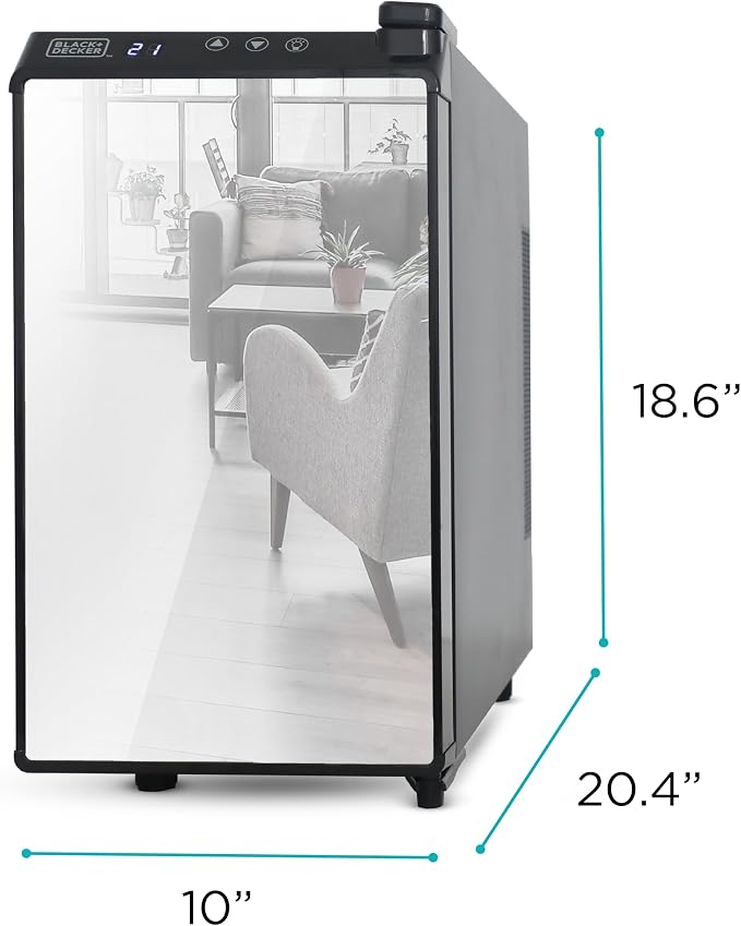 BLACK+DECKER 8-Bottle Thermoelectric Wine Chiller, BD60326, Mirrored Door | Thermoelectric Wine Cooler with Temperature Control, 8 Bottle Fridge for Reds, Whites and More, LED Display, Chrome Racks