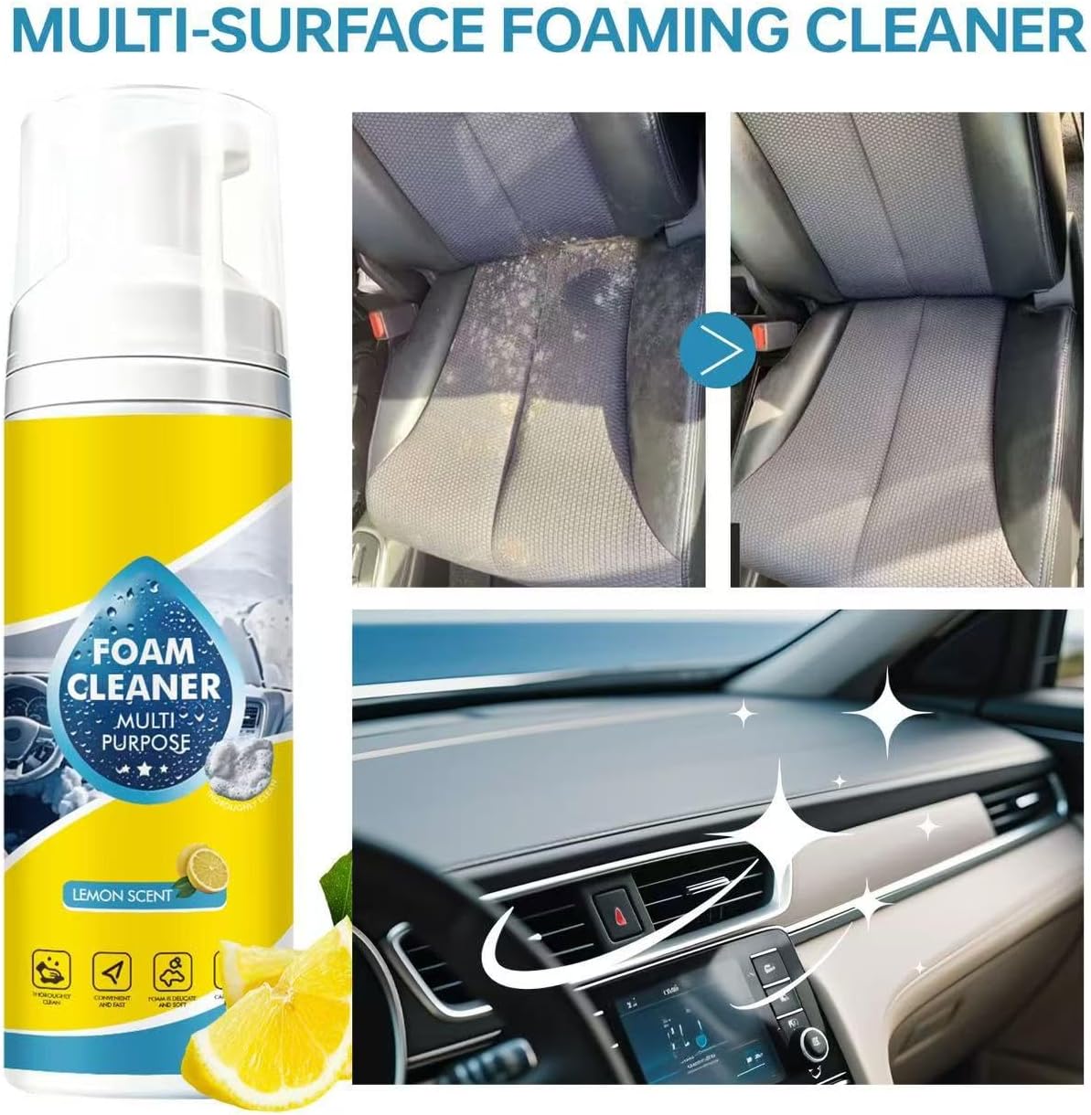 4-in-1 Multi-Enzyme Foam Cleaner, New Foam No-Rinse Multi Purpose Cleaner, Deep Cleaning Spray for Car Interior, Kitchen Grease, Bathroom Tiles, Sofa Upholstery(2PC)