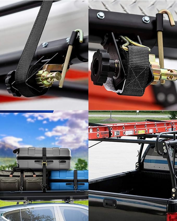 Ladder Rack Straps, W/J-Hook (2PCS), 1.4" Black Square Tube Mount, 1.5" Wide x 7.5' Long, Blue Ladder Rack Ratchet Straps, 500 lbs Load Heavy Duty, Truck/Lumber Rack Straps, Pipe/Roof Rack Strap