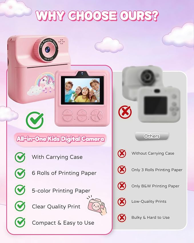 Kids Camera Instant Print with Carrying Case, Digital Selfie Camera with 6