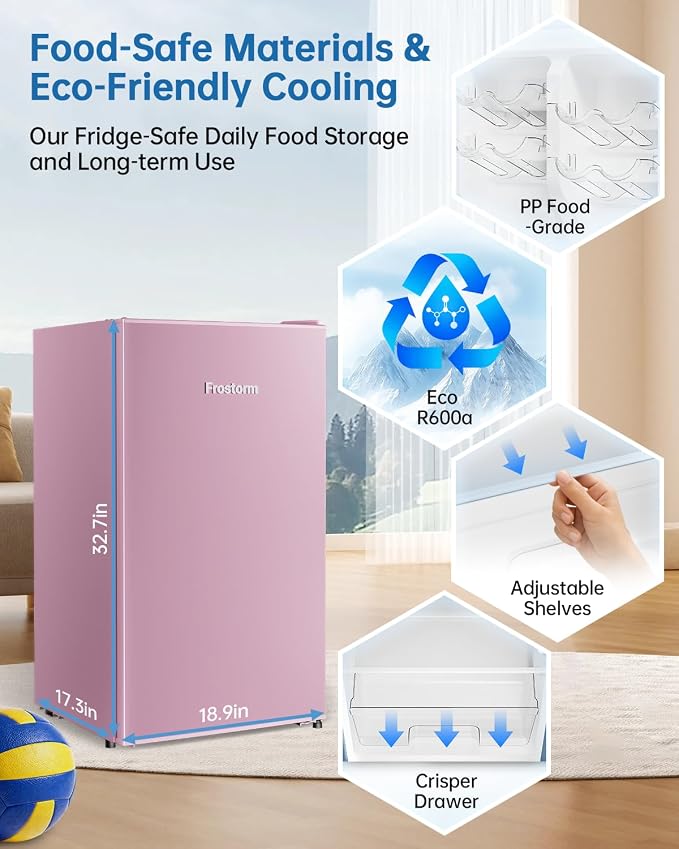3.2 Cu Ft Mini Fridge with Freezer, Single Door Upright Freezer | Energy Efficient, Large Capacity, Reversible Door, ETL Certified, Small Refrigerator for Bedroom, Office & Dorm, Pink