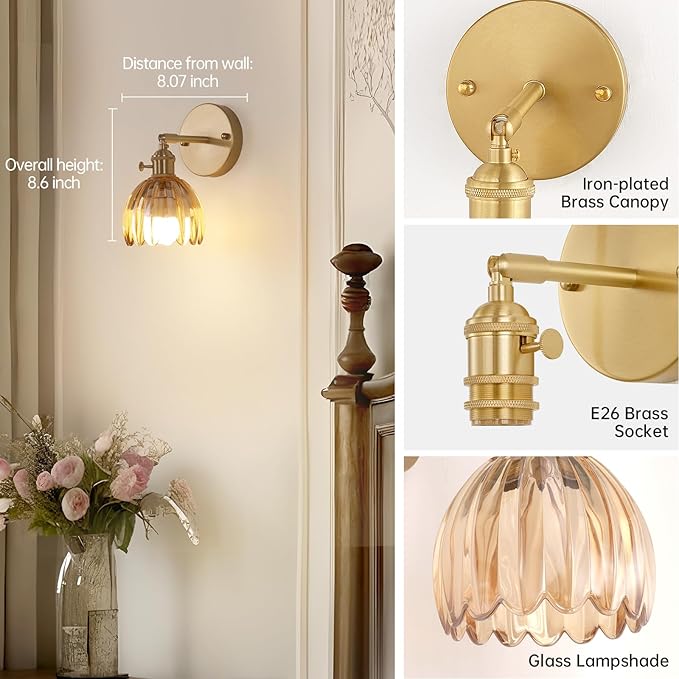 Vintage Battery Operated Wall Sconce with Amber Tulip Glass Lampshade 5000 mAh Rechargeable Battery Powered Wall Light with Remote Control for Bedside Bedroom Doorway, Set of 2
